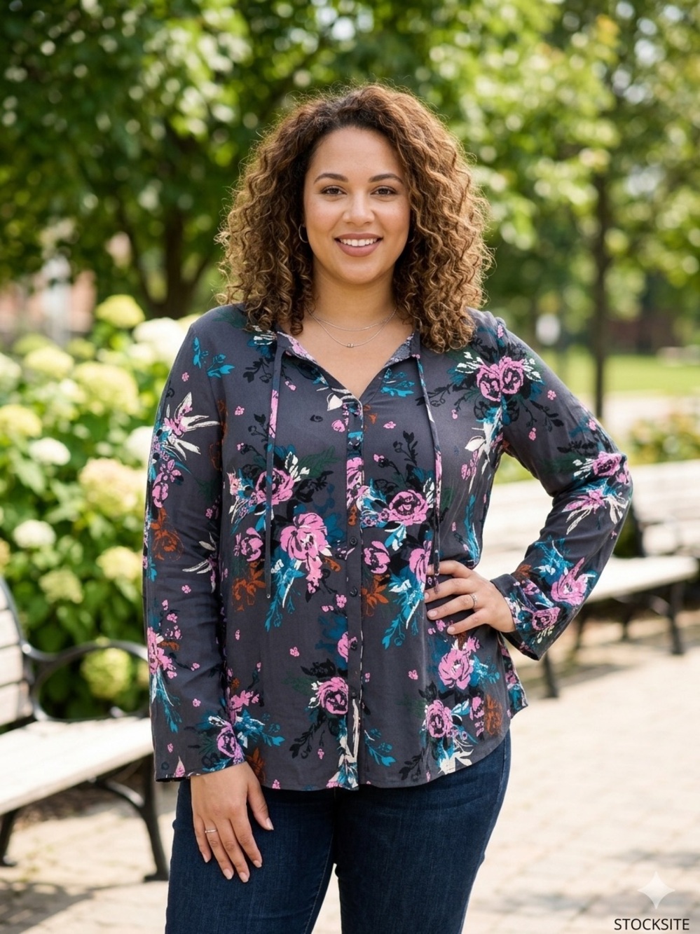 torrid Charcoal Floral Button-Up Blouse with Pink & Teal Accents